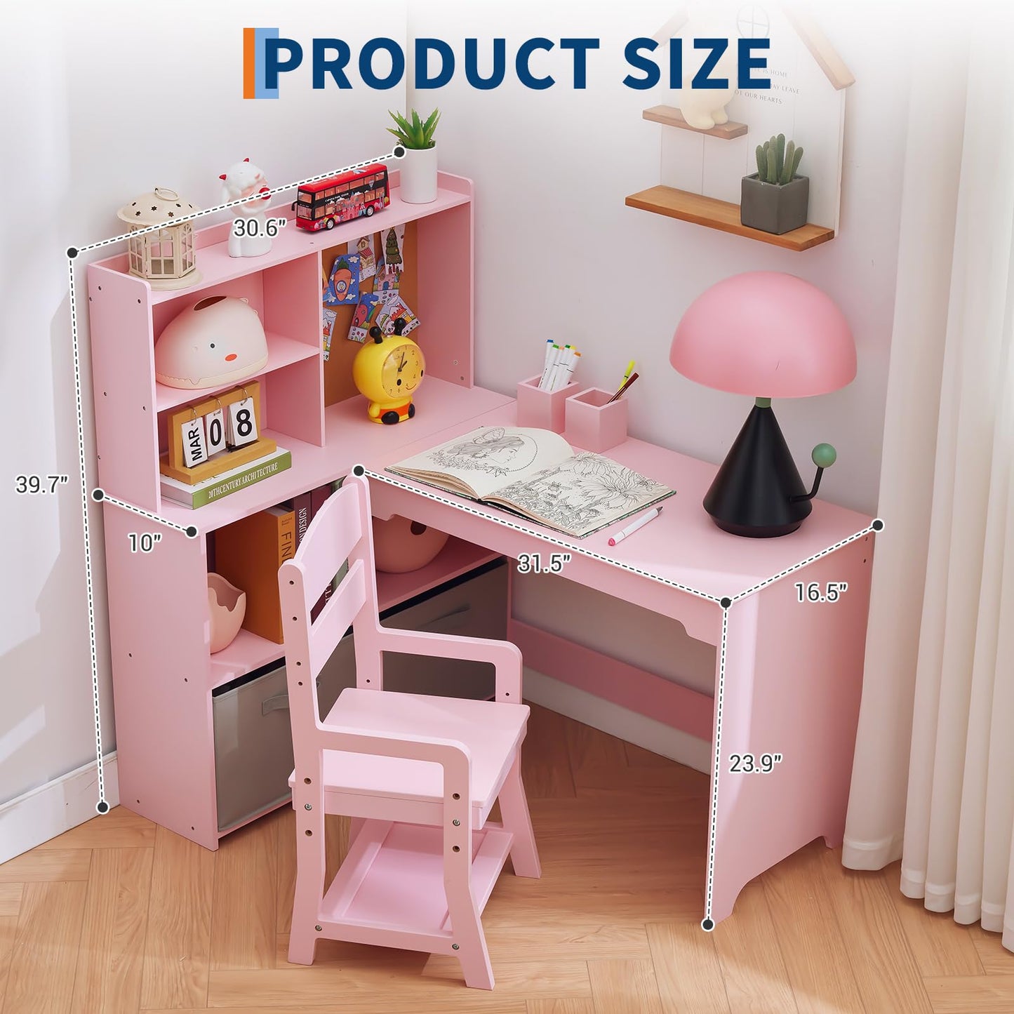 Garvee Kids Corner Desk, Desk and Chair Set for Children, L Shape Kids Study Table - Features Bulletin Board Open Shelves & Storage Cabinets and Cloth Drawers, Pink