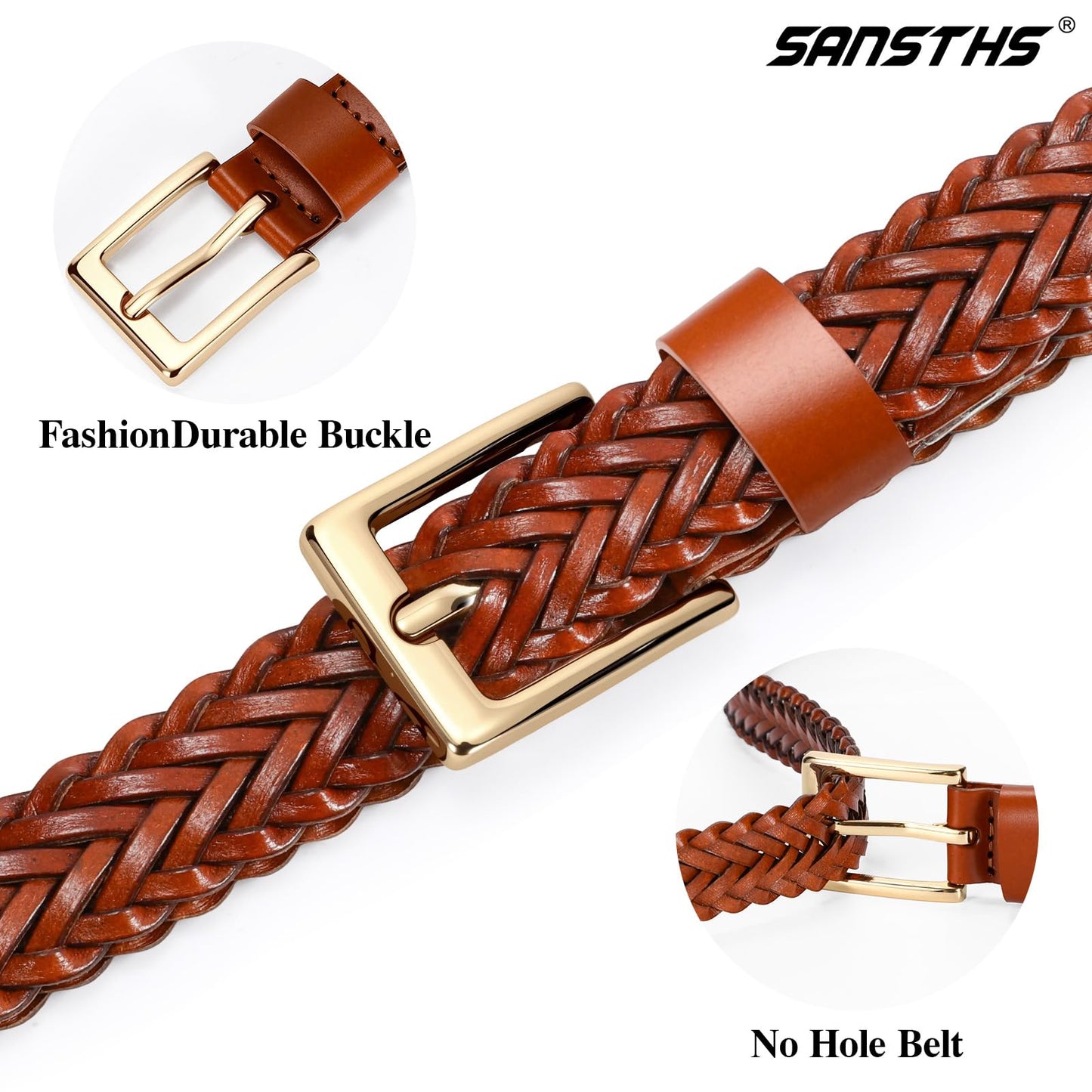 SANSTHS 2 Pack Women's Braided Skinny Leather Belts Casual Thin Woven Belt for Jeans Pants Dresses, Black+Brown S