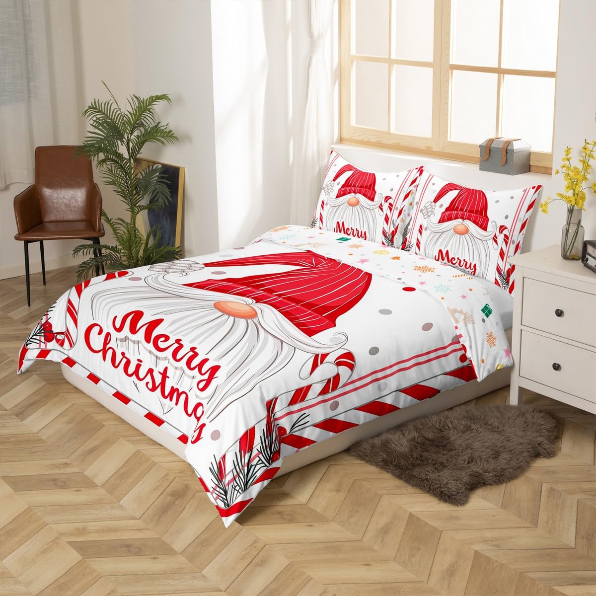 Feelyou Kids Merry Christmas Bedding Set Full Size Santa Claus Comforter Cover Set for Boys Girls Xmas Candy Cane Polka Dots Duvet Cover Happy New Year Bedspread Cover (No Comforter)