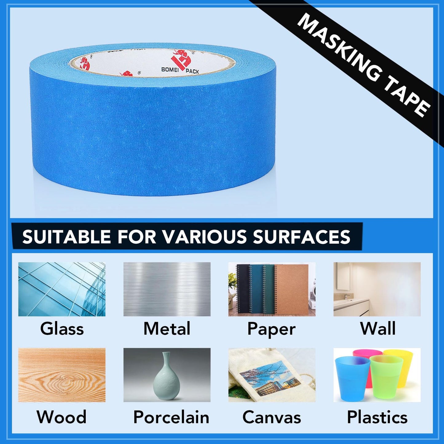 BOMEI PACK 10 Rolls Painters Tape 2 inch Wide, Painter's Tape Blue Masking Tape 2 inch x 55 Yards for Walls Painting, Home Improvement and School Projects, Total 550 Yards