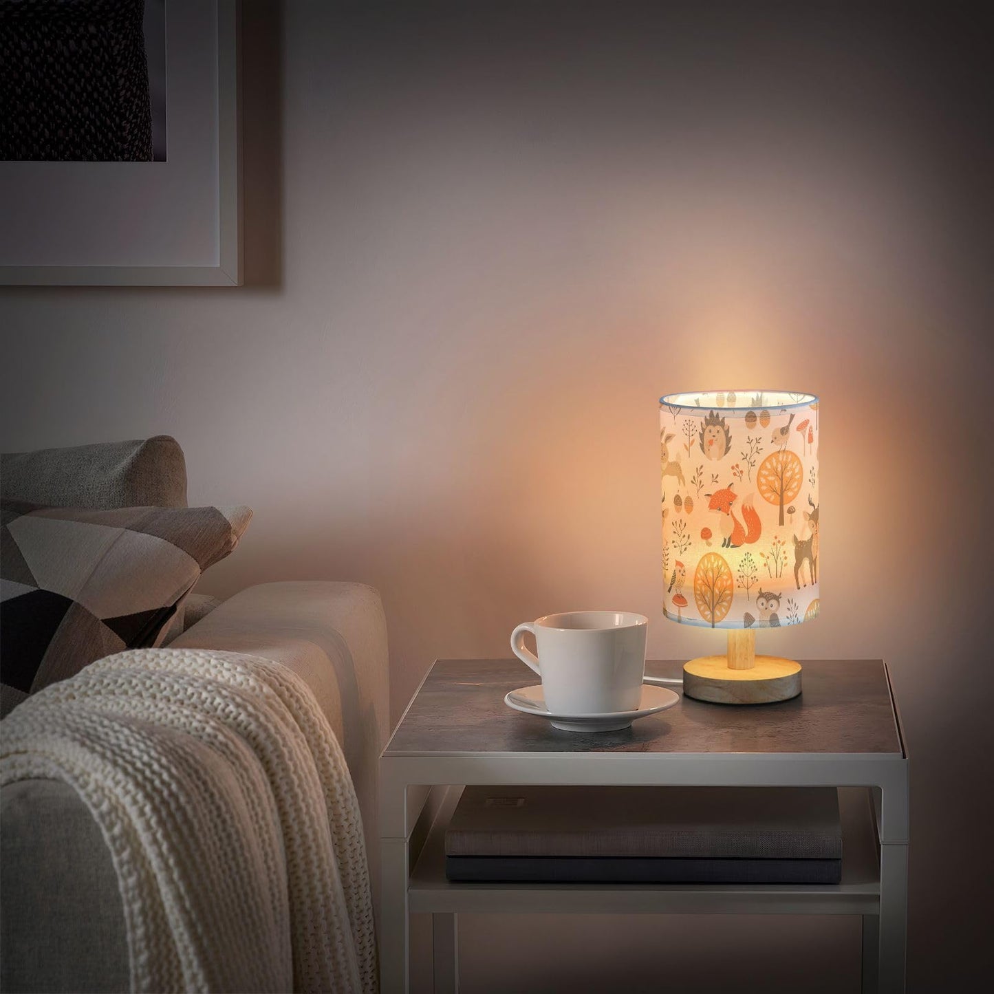 Oarencol Bedside Table Lamp Woodland Animals Nightstand Lamp with Wood Fox Owl Deer Buuny Trees Leaves Desk Lamps for Bedroom Living Room Nursery Office Home Decor