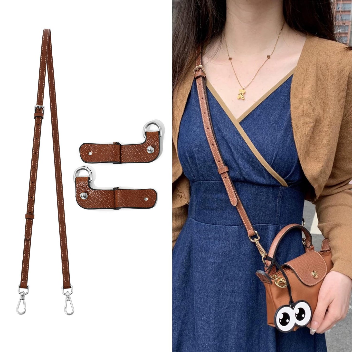RYYXZXL Leather Purse Straps Replacement Shoulder Strap Leather Adjustable Crossbody Strap Suitable for Long champ Handbags（Brown+silver Hardware）