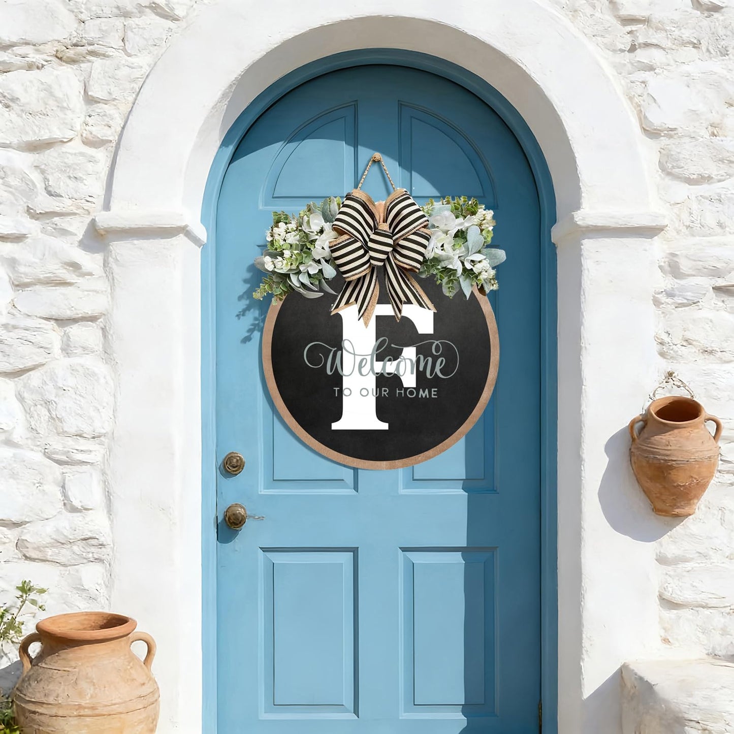 Last Name All Year Round Front Door Garland, Rustic Round Wood Wreaths wall Hanging Outdoor, Farmhouse, Porch, for Spring Summer Fall All Seasons Holiday Halloween Christmas (F)