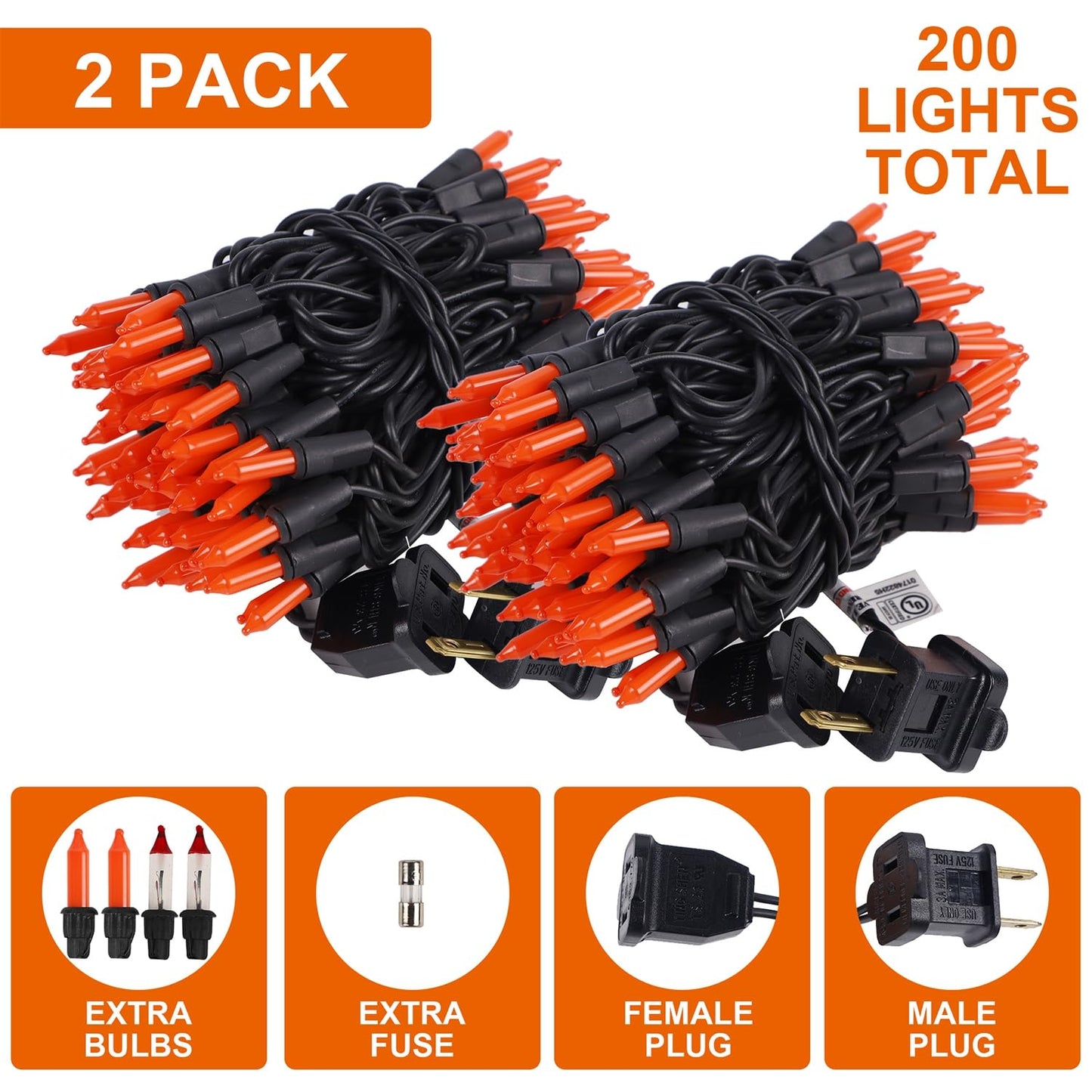 Watereem 2 Pack Orange Halloween Lights, 100 Count, Incandescent Mini Halloween String Lights Outdoor, Black Wire Connectable Tree Light for Garland Christmas Thanksgiving Holiday Patio Home Decor