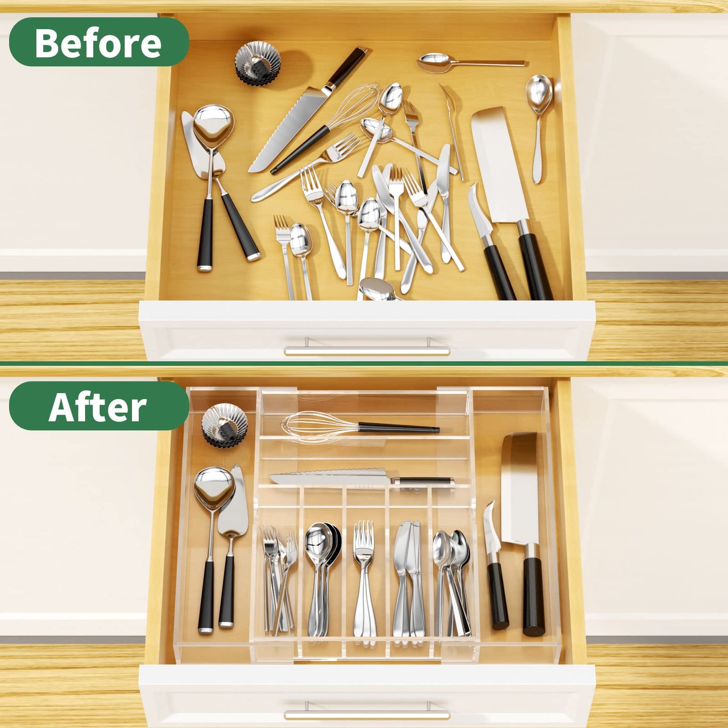 NIUBEE Expandable Kitchen Drawer Organizer for Flatware and Utensils,Clear Acrylic Adjustable Silverware Tray for Drawer,Office,Bathroom Supplies-9 Compartments