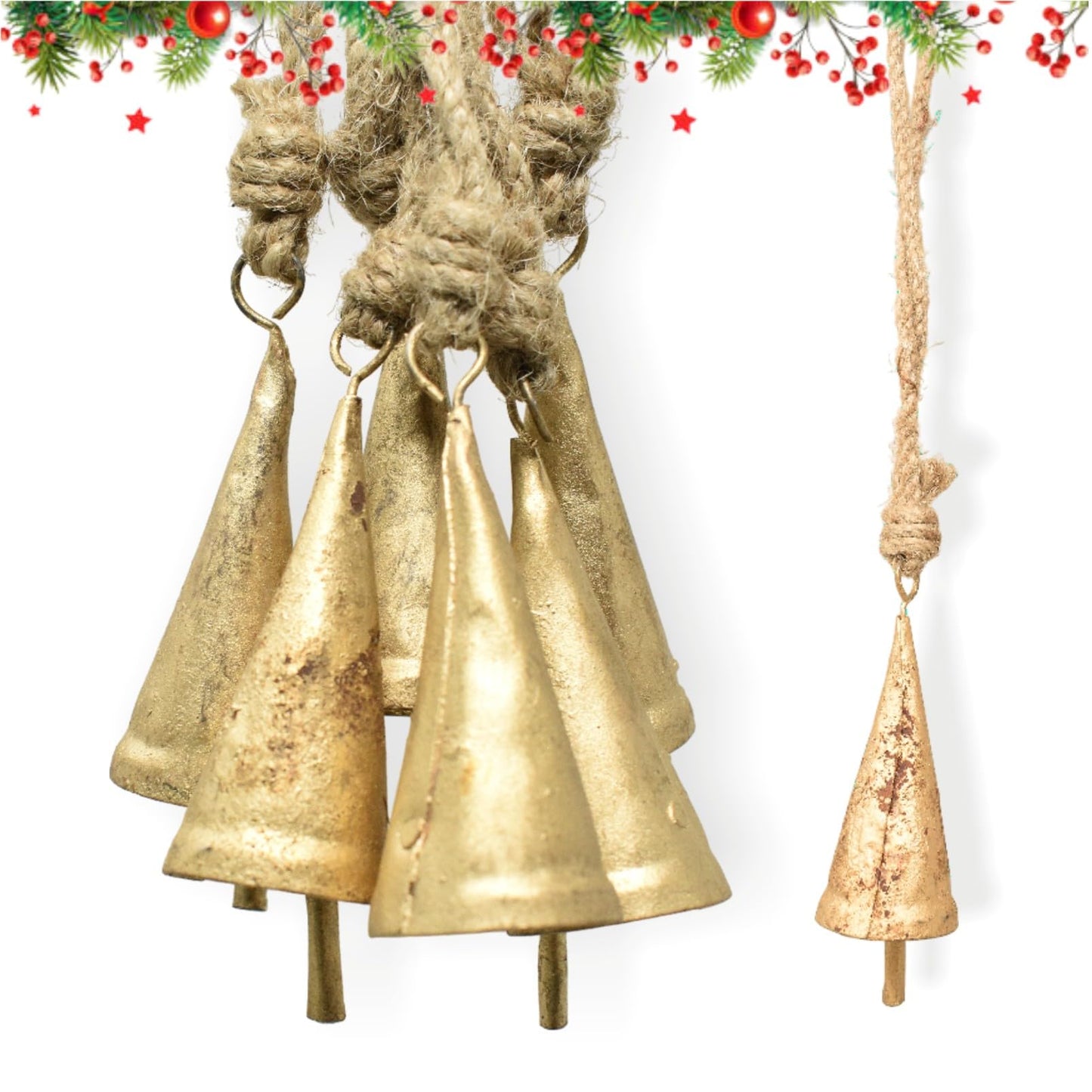Christmas Bells for Decoration –Set of 6 Rustic Cow Bells for Hanging with Jute Rope – Gold Bells for Crafts - Tree Decoration Ornaments