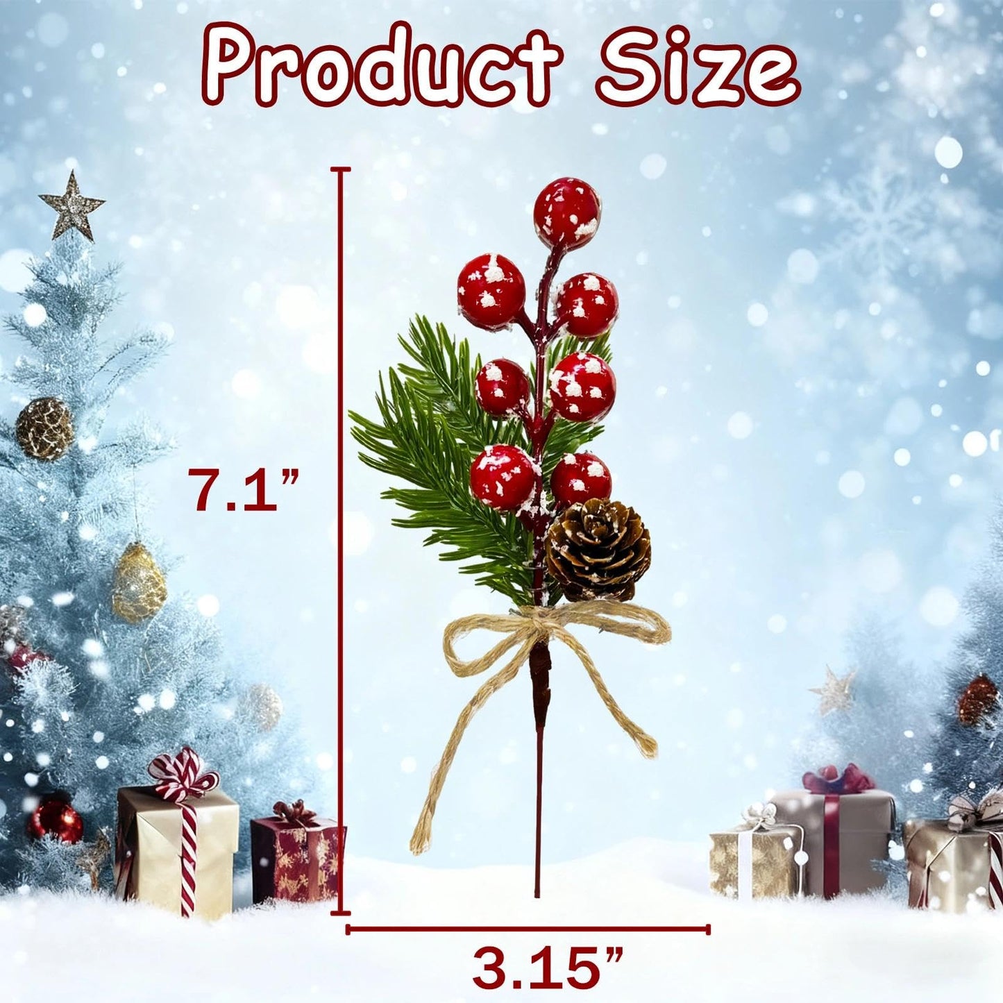 Tebiefat 20 Pcs Artificial Pine Cone Snowflake Red Berry Picks Stems, 7.1" Fake Frosted Holly Berries Needles Branches with Pinecones Christmas Sprays Floral Leaves Xmas Tree DIY Holiday Party Decor