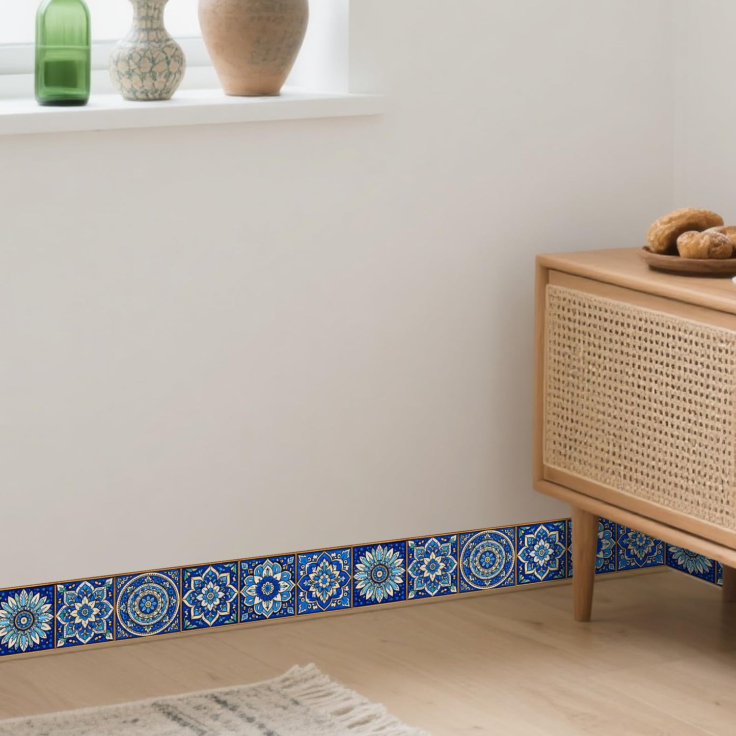 Nuxovilar Wallpaper Border Peel and Stick 3.94x16.4Ft PVC Removable Self-Adhesive Bathroom Kitchen Living Room (Blue White Moroccan Tile Pattern)