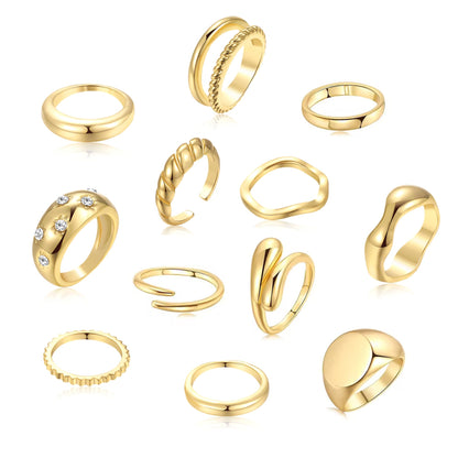 FAXHION 12PCS Gold Stackable Rings Set for Women, 18K Gold Plated Open Stacking Knuckle Ring, Adjustable Chunky Signet Band Statement Ring for Gift