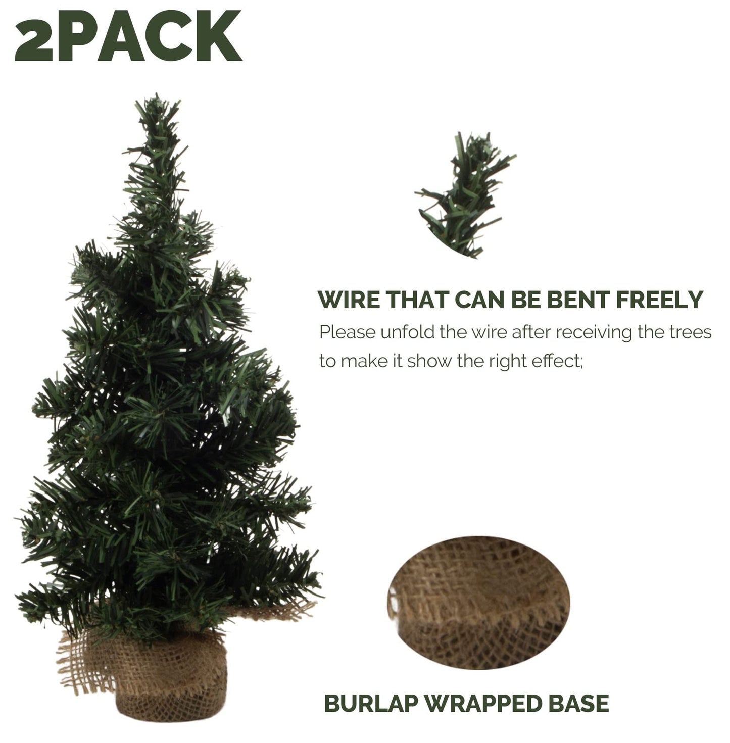 2Pack Mini Christmas Tree Table Top Decorations- Artificial Small Pine Trees with Burlap Base on Desktop, Shelves, Bedroom, Miniature Scenes Xmas for Home, Office, Party Decor