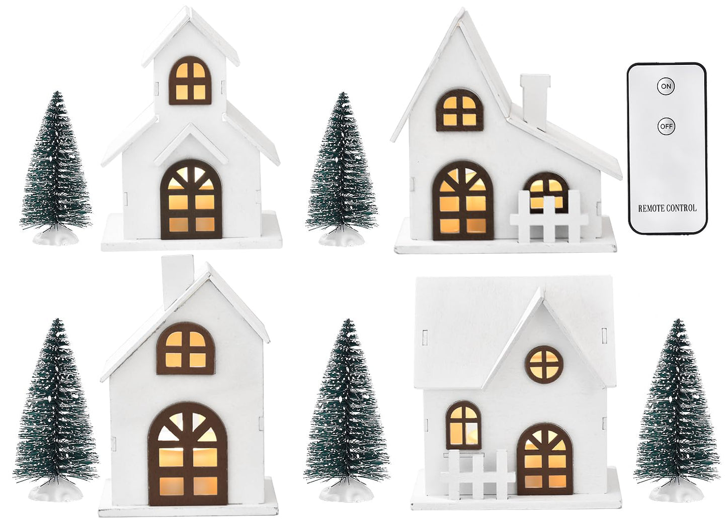 Ovootok Wood & Plastic Christmas Sculpture Set, 9pcs, Including 4 LED Lighted Houses and 5 Frosted Trees for Tabletop Mantel Décor
