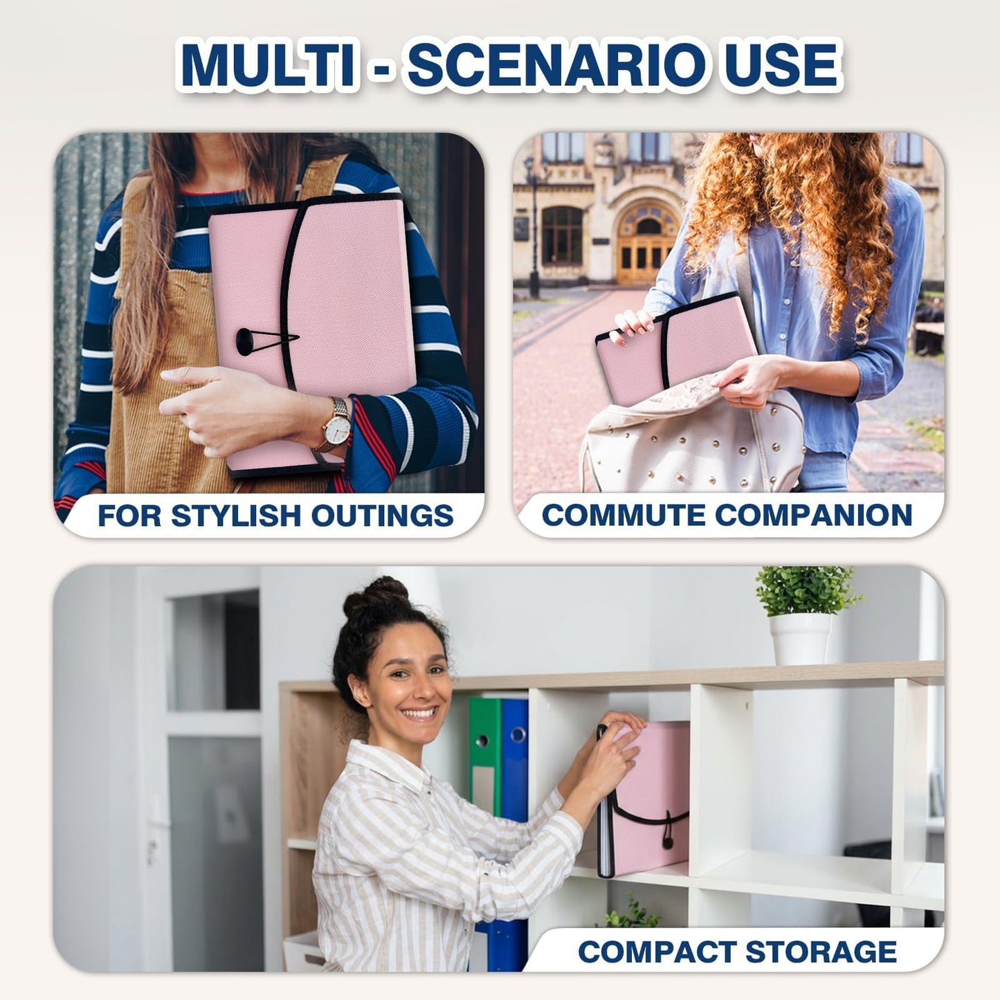 H4D 13-Pocket Accordion File Organizer with Mesh Pocket, Expanding File Folder with Tabs, Expandable Document Organizer for Home Office School, Letter Size, Light Pink