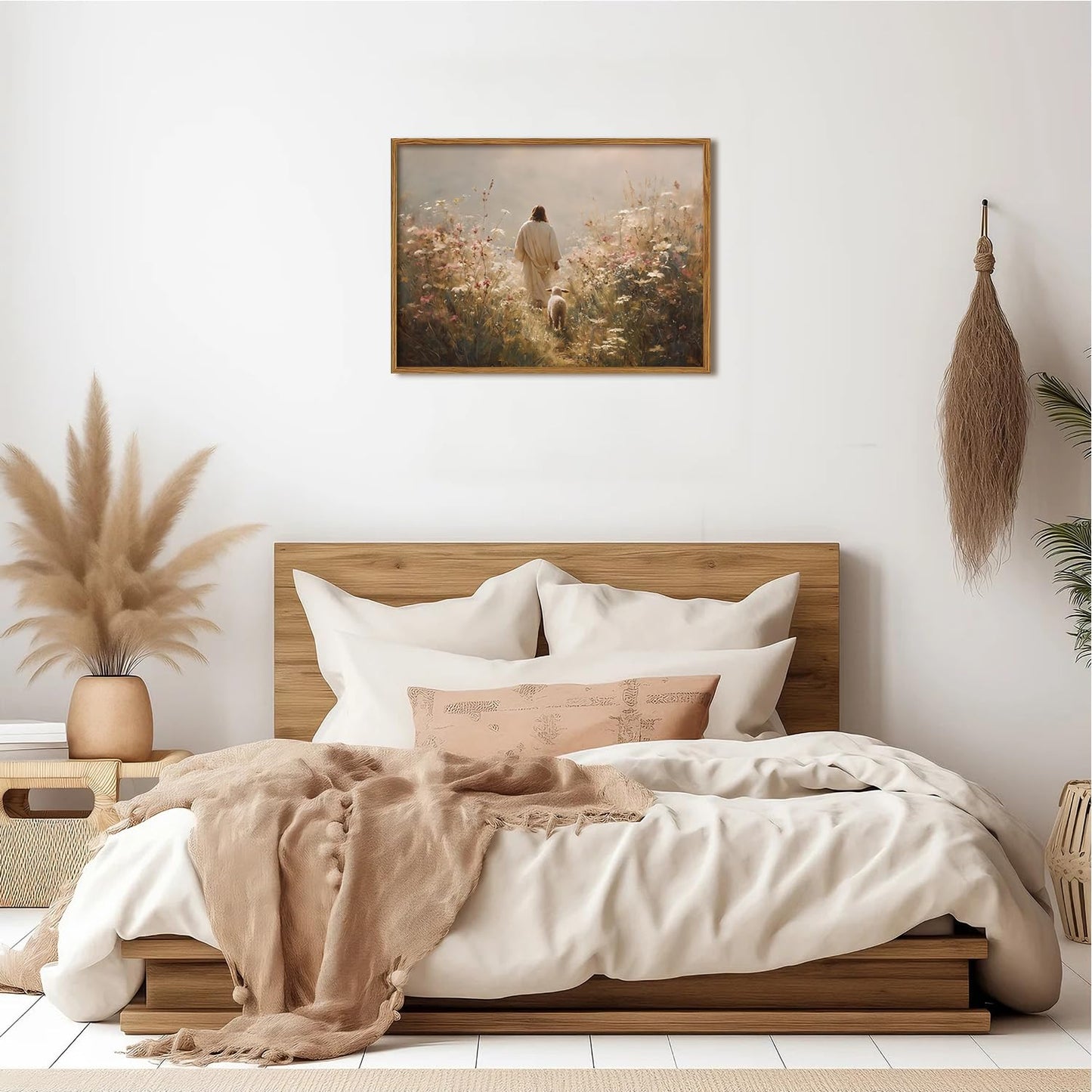 Jesus Leaves the 99 Sheep Wall Art, Christian Jesus and Lamb Pictures Wall Decor Paintings, The Lost Sheep Canvas Prints Religious Home Decor Living Room Bedroom Church Wood Framed 12x16 inch