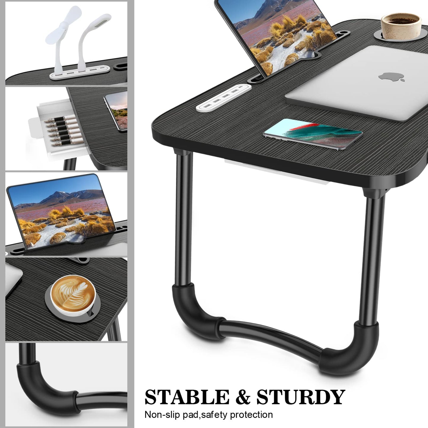 Zapuno Laptop Lap Desk, Foldable Laptop Table Tray with 4 USB Ports Storage Drawer and Cup Holder, Lap Bed Desk Notebook Stand Laptray Portable Standing Table for Bed Couch Floor