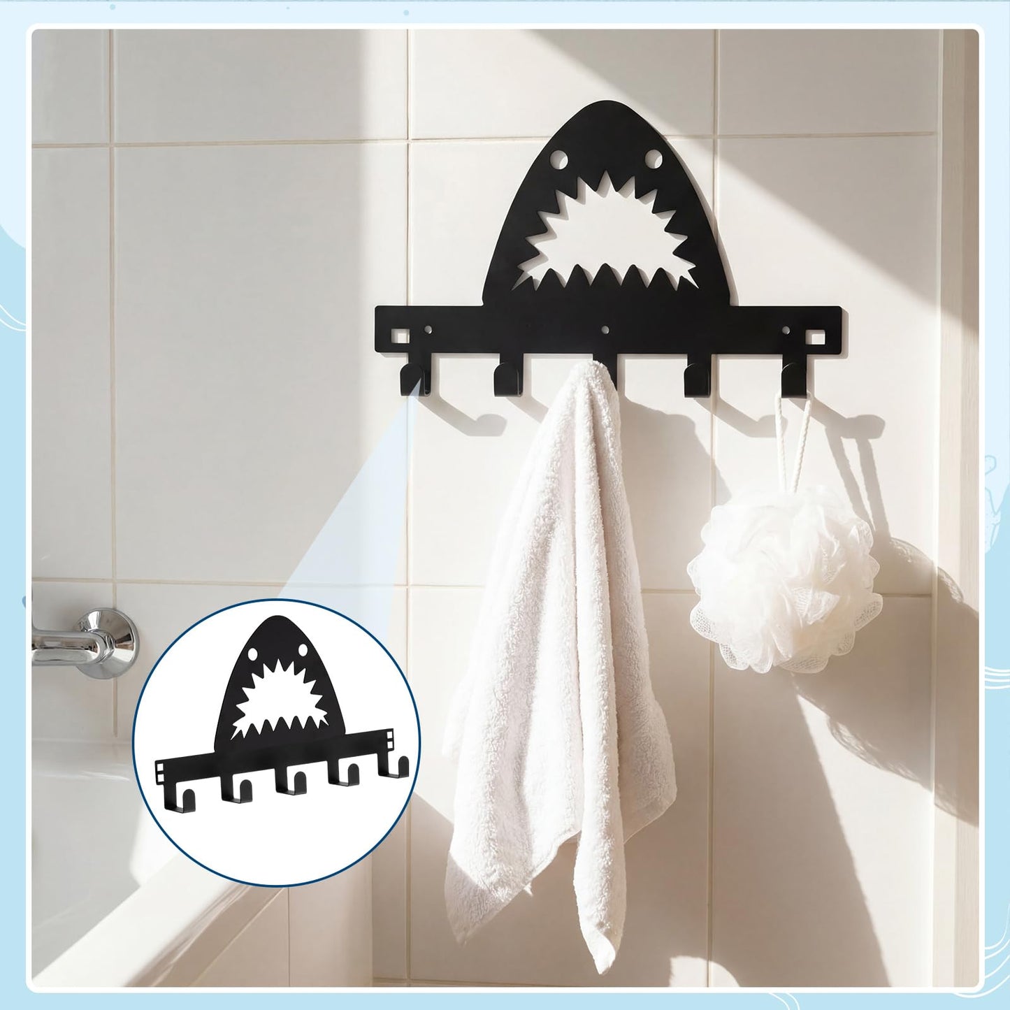 Reallnaive Shark Over The Door Hooks Bathroom Decoration Hanger Wall Mount Art Funny Rack Holder for Towel, Hat, Coat, Cloth, Keychain, Bag, Christmas Gift