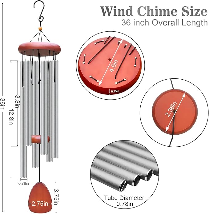 Large Aluminium Wind Chimes Outside, Soothing Melodic Memorial Sympathy Wind Chime, Suitable Outdoor Garden Decor, Gift for Mom Women Neighbors (Light Gray Wind Chime -36“)