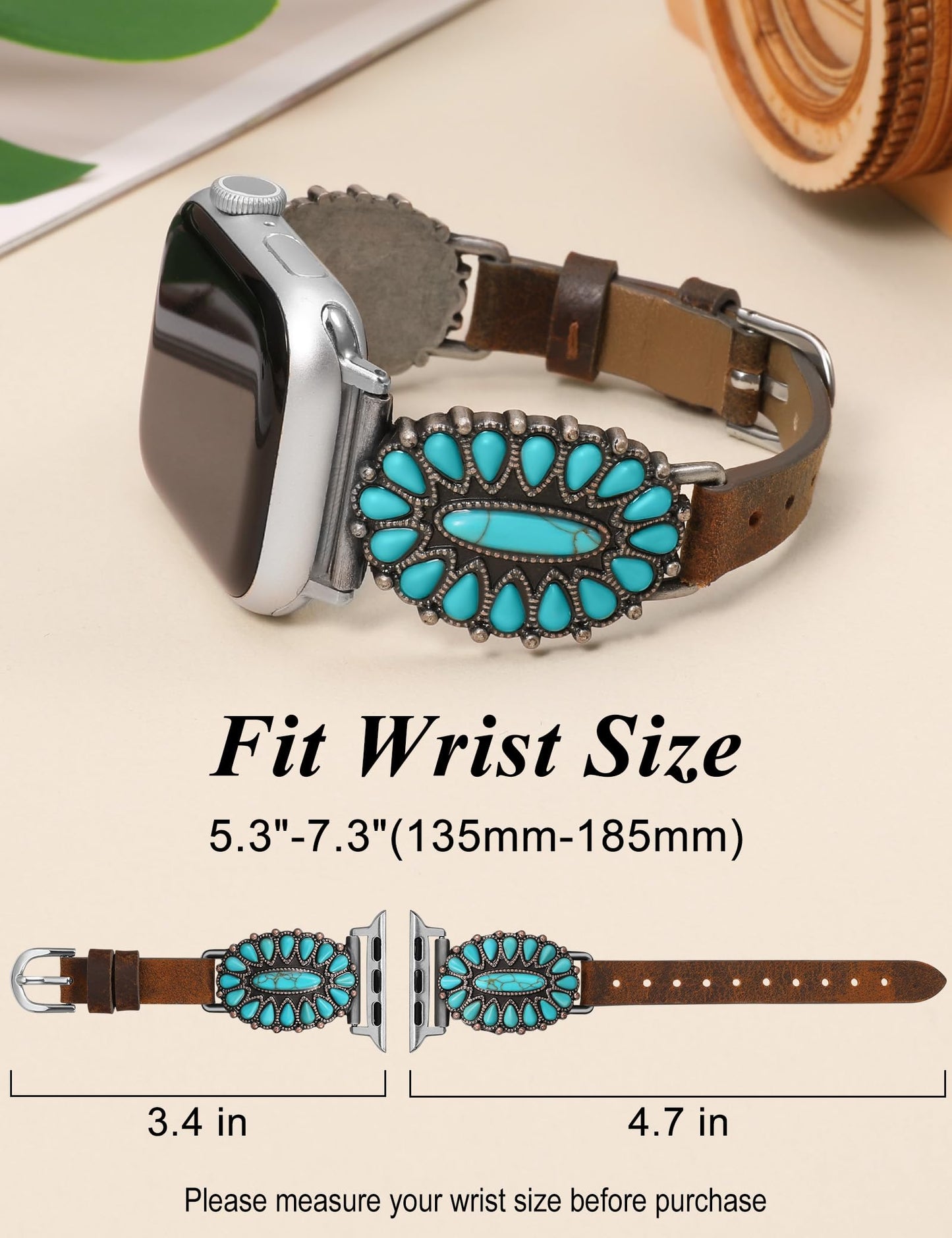 Minyee Leather Band Compatible with Apple Watch Band Women 42/46/38/40/41/44/45/49mm, Western Boho Turquoise Vintage Retro Designer Brown Slim Thin Strap for iWatch Series 11 10 9 SE 8 7 6 5 4 Ultra