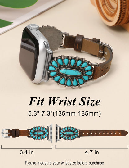 Minyee Leather Band Compatible with Apple Watch Band Women 42/46/38/40/41/44/45/49mm, Western Boho Turquoise Vintage Retro Designer Brown Slim Thin Strap for iWatch Series 11 10 9 SE 8 7 6 5 4 Ultra