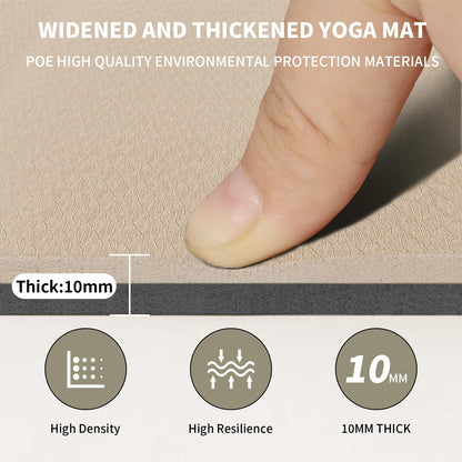 10mm Large Yoga Mat (6'x 4') - Extra Long and Wide 72 x 48 x 0.4 inches, Non-Slip POE Fitness Mat, Eco-Friendly, Thick Wide Exercise Mat for Home Workouts,Ideal for Yoga and Pilates. (Beige+Black)