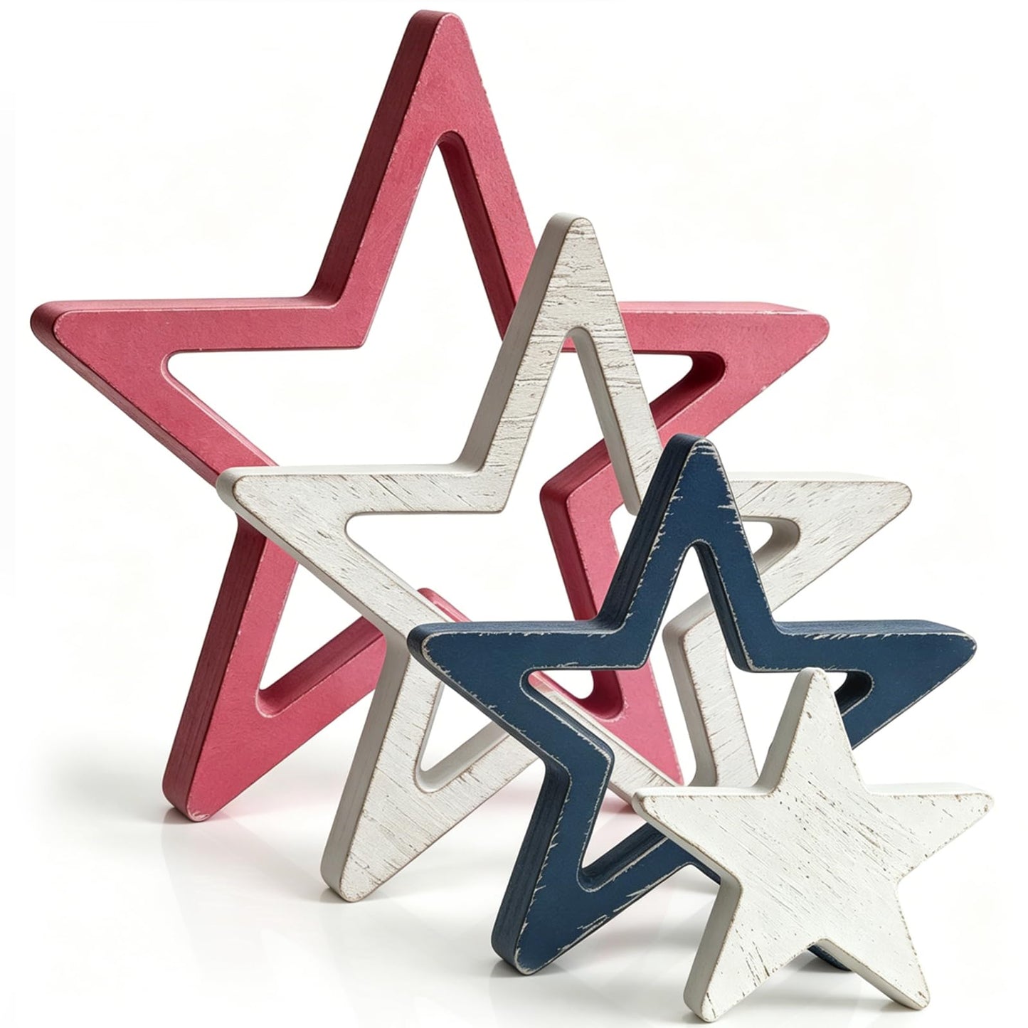 AOCEAN 4th of July Decorations Wooden Stars Set of 4, Red White Blue Stars Decorations, Retro Patriotic Memorial Independence Day Star Decor for Home Office Table Centerpieces Shelf
