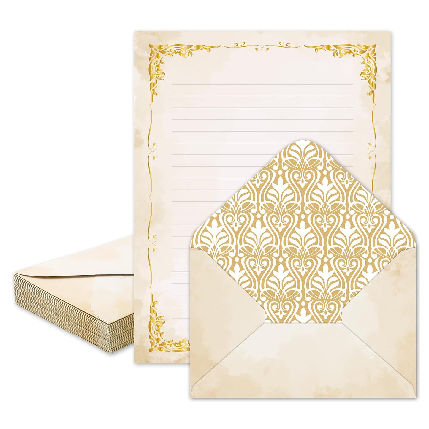 Whaline 60 Vintage Stationery Paper Set Gold Border Letter Writing Paper with Envelopes for Greeting Card Invitation Office Printing, 8.5 x 11 Inch