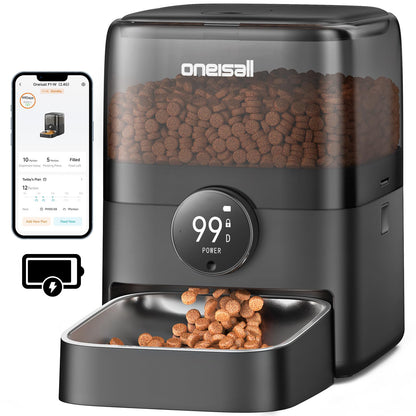 oneisall Cordless WiFi Automatic Cat Feeder, Tasty S2 Pro Rechargeable 100-Day Battery Operated Pet Feeder, 12 Cups/3L Timed Cat Food Dispenser for Large Kibble, Smart App Control (Black)