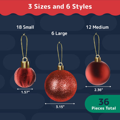 Prextex 36-Pieces Red Christmas Ornaments Set - Shatterproof, Festive Christmas Balls Decorations in 3 Sizes and 6 Styles with Hanging Loops for Tree, Wreath, and Dazzling Holiday Party Decor