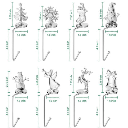 Christmas Stocking Holders for Mantel Set of 8, Non-Slip Adjustable Mantle Stocking Holders, Snowflake Snowman Reindeer Angel Bell Fireplace Stocking Hangers Set for Party Christmas Decorations