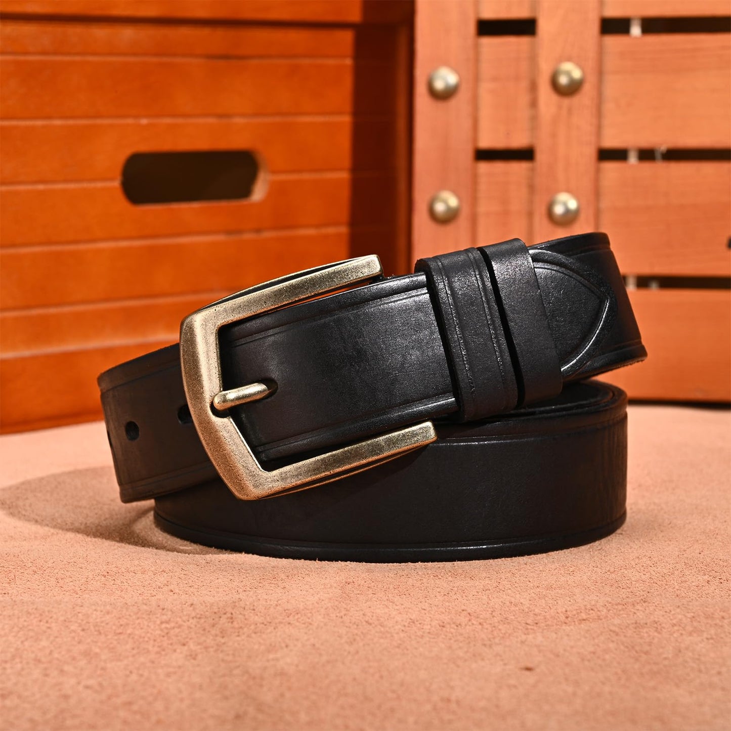 Rollslatte Men Leather Belt with Retro Brass Buckle, Plain Black Western Cowboy Real Italian Full Grain Genuine Pure Leather Mens Belts Casual for Jeans Size 34