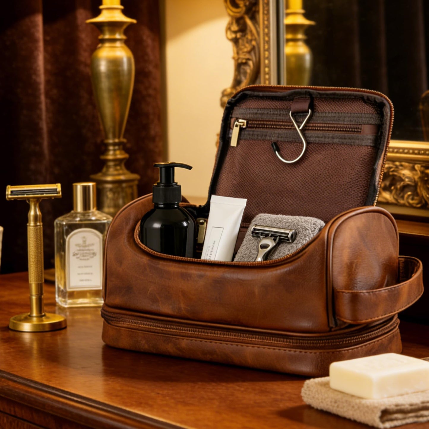 Aganmi Personalized Toiletry Bag Fathers Day Birthday Gifts for Men Dad Husband, Custom Initial Waterproof PU Leather Toiletry Organizer Dopp Kit Shaving Bag Travel Essential for Him Light Brown J