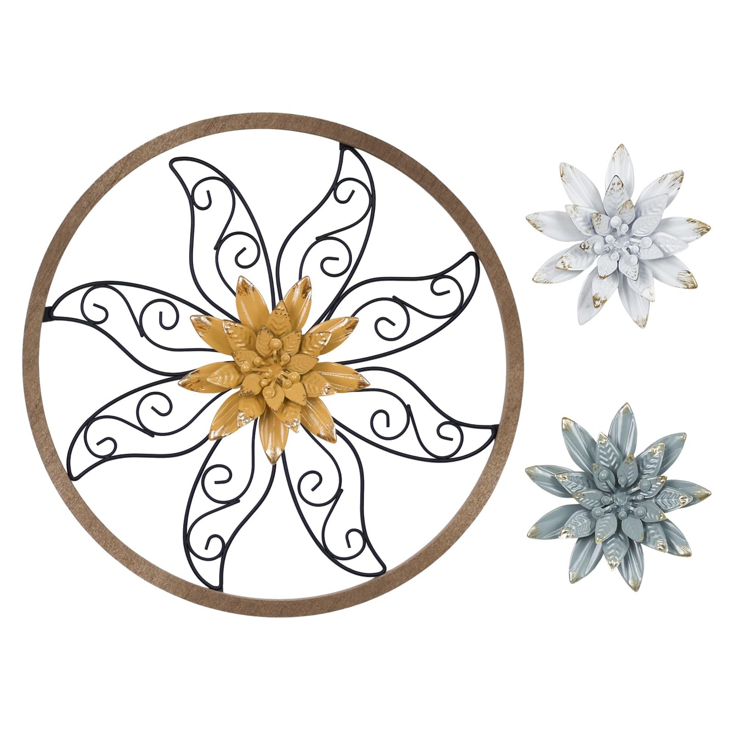 hogardeck Metal Flower Wall Decor - 11" Metal Wood Floral with 3 pcs Interchangeable Flowers Wall Decoration for Bedroom, Living Room, Bathroom, Kitchen, Outdoor Wall Art