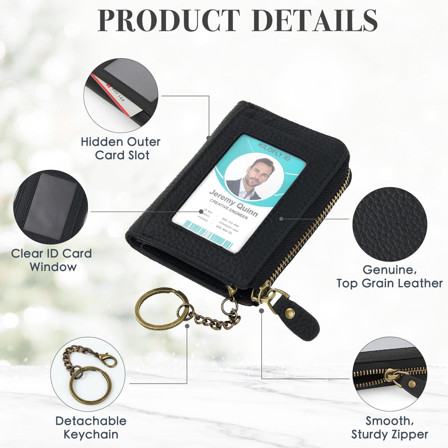 kilofly Genuine Leather Card Slot ID Holder Wallet + Keychain Cable Organizer
