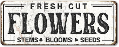 Fresh Cut Flowers Sign, Metal, 6x16 inches, Vintage Farmers Market Art, Flower Shop Wall Decor, Garden Sign
