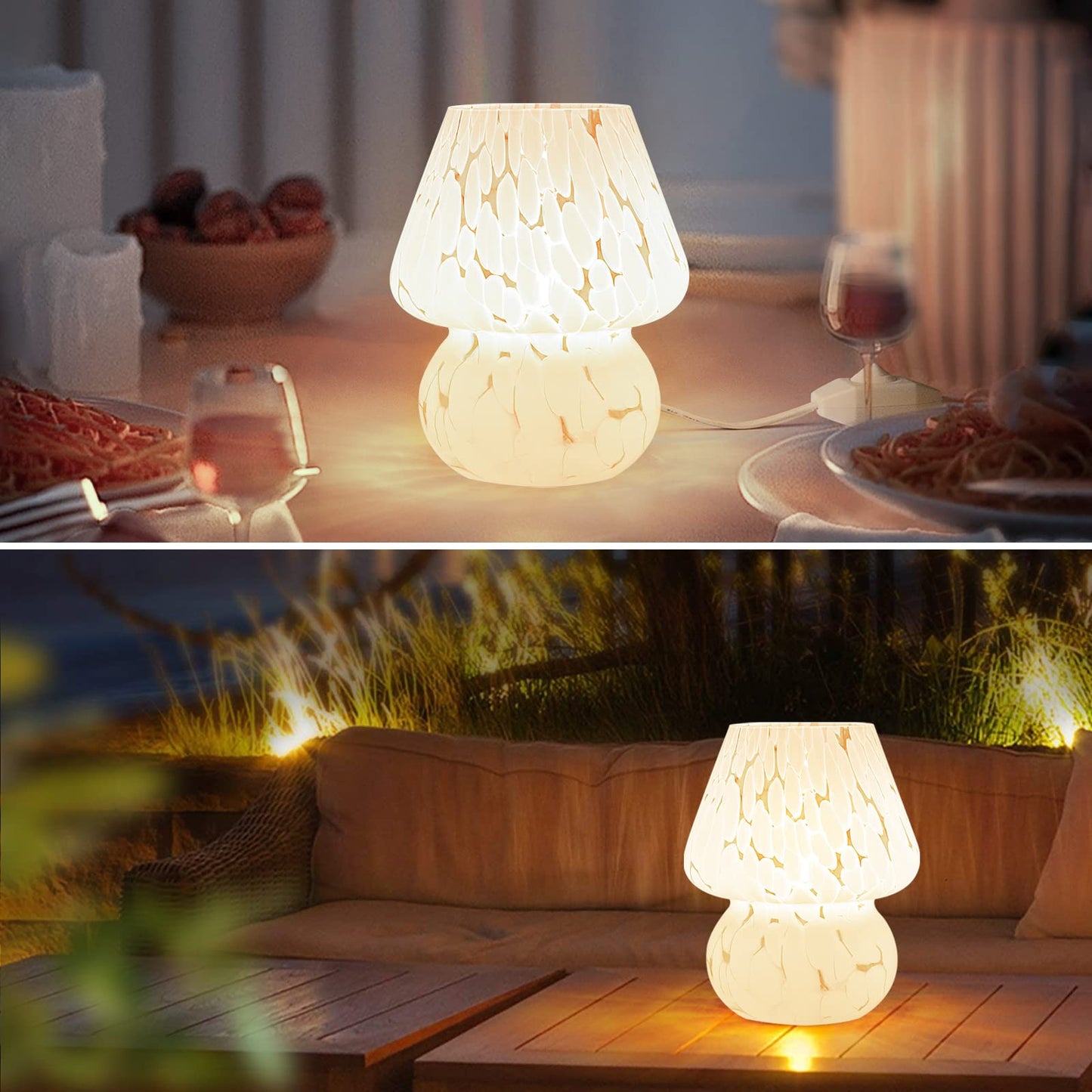 ONEWISH Mushroom Lamp Small Bedside Table Lamp-Nightstand Nightlight Dimmable Stepless, Translucent Glass White Desk Lamp for Bedroom Dorm Living Kitchen, Murano Style Aesthetic Cute Home Decor