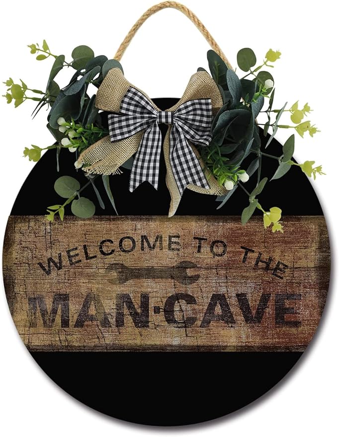 Welcome To The Mancave Front Door Sign Funny Wreaths Hanging Wooden Plaque Decoration Round Rustic Wood Farmhouse Porch Decor for Home Front Door Decor, 11 x 11 Inch