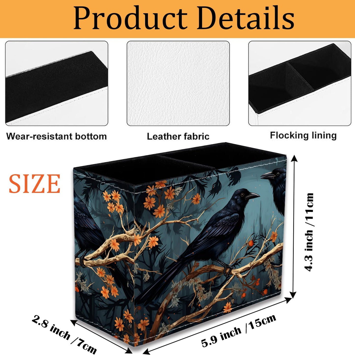 VSHSEEOM Pen Holder for Desk, PU Leather Multifunctional Desktop Storage Box and Anti-Slip Mouse Pad Set, Makeup Brush Holder Pen Organizer for Office and Home - Branch Crow