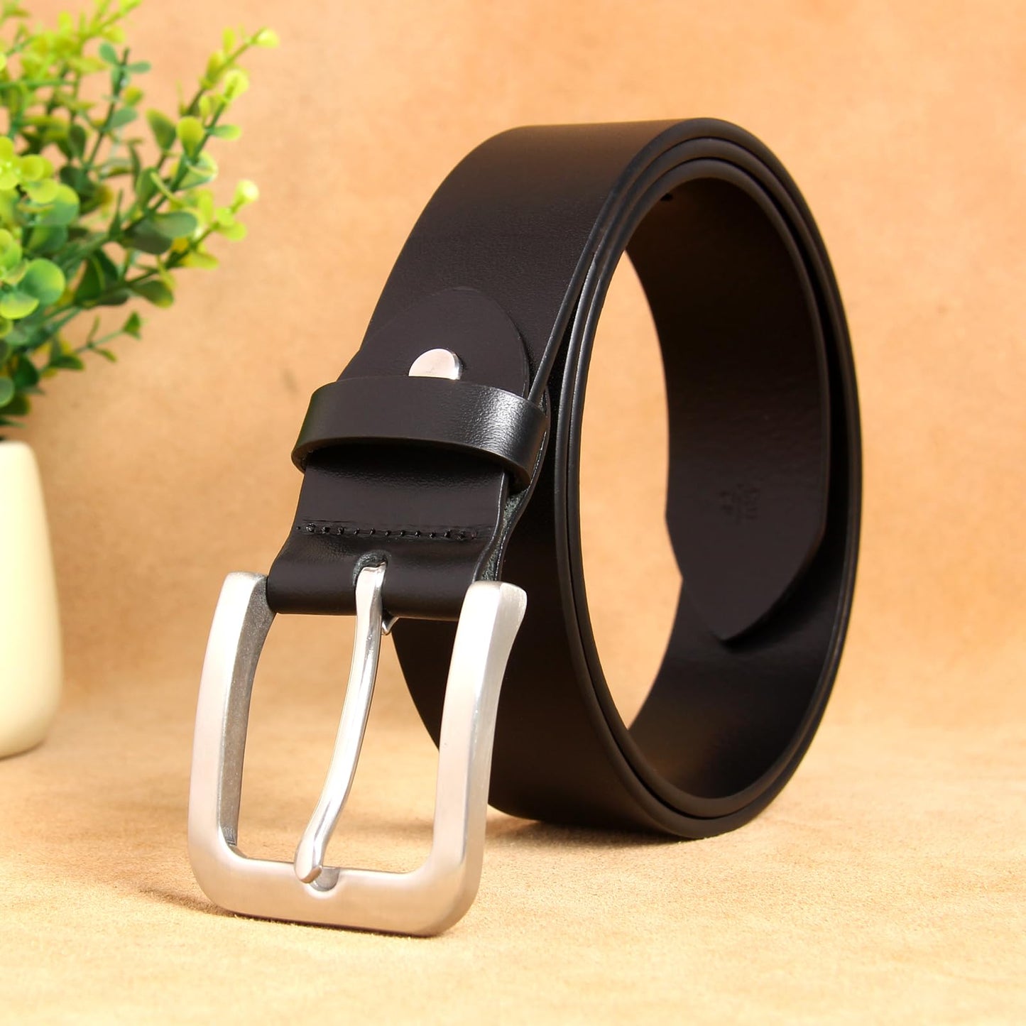 Mgailw Men's Genuine Leather Belt 1 1/2" Classic & Versatile Prong Buckle in Full-Grain Leather Trim to Fit(28" to 32" Waist Adjustable)