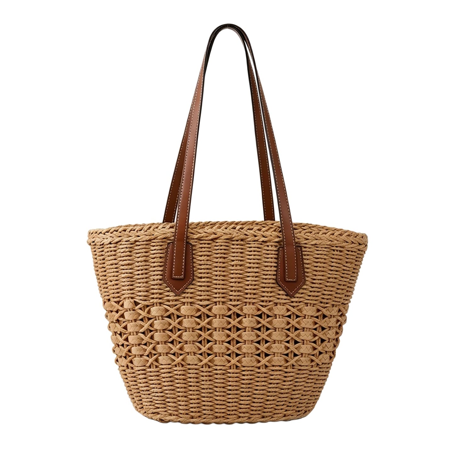 OKoriensuntek Straw Tote Bag Woven Beach Bag for Women, Large Capacity Summer Shoulder Bag with Leather Handles, Boho Handwoven Tote for Travel, Beach, Everyday Use，Brown