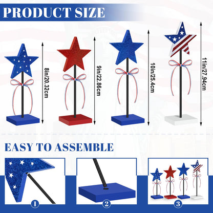 4th of July Tiered Tray Decor Wooden Shiny Star Set, 4 Pcs 250th Anniversary Centerpieces for Tables, Patriotic Tabletop Home Decor, Red White and Blue Decorations for Independence Day Party