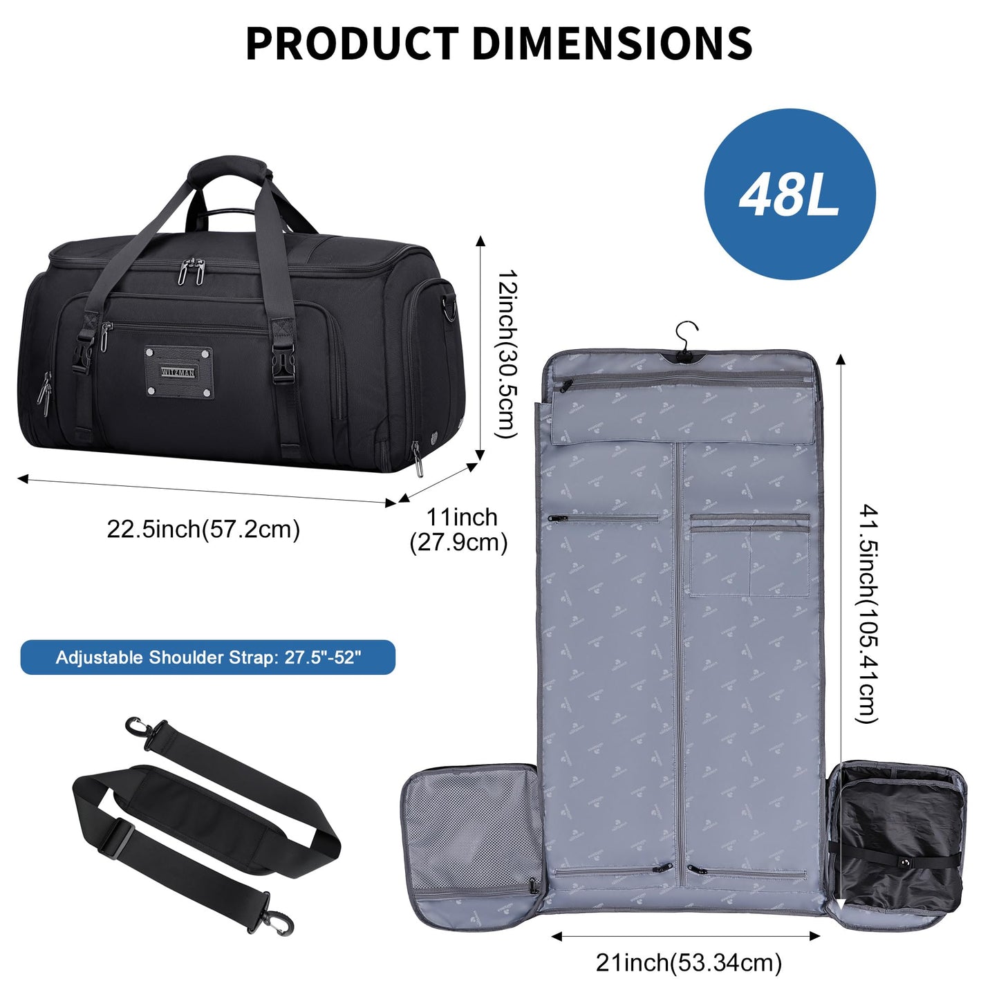 WITZMAN Mens Garment Duffle Bags for Travel Convertible Carry-on Suit Garment Bag for Men Hanging Clothes with Shoe Compartment（B724 Black）