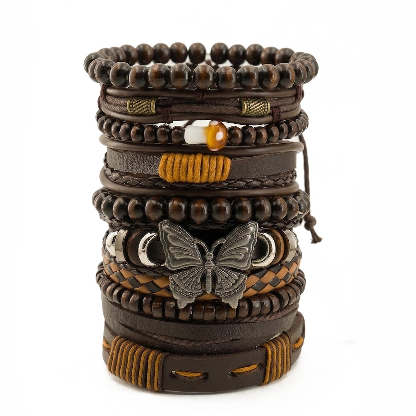 Aijewelop 10pcs/set PU Leather Butterfly Bracelet Punk Cuff Wrap Bracelets for Men Women Adjustable Brown Perfect for Daily Wear, Gift-Giving,
