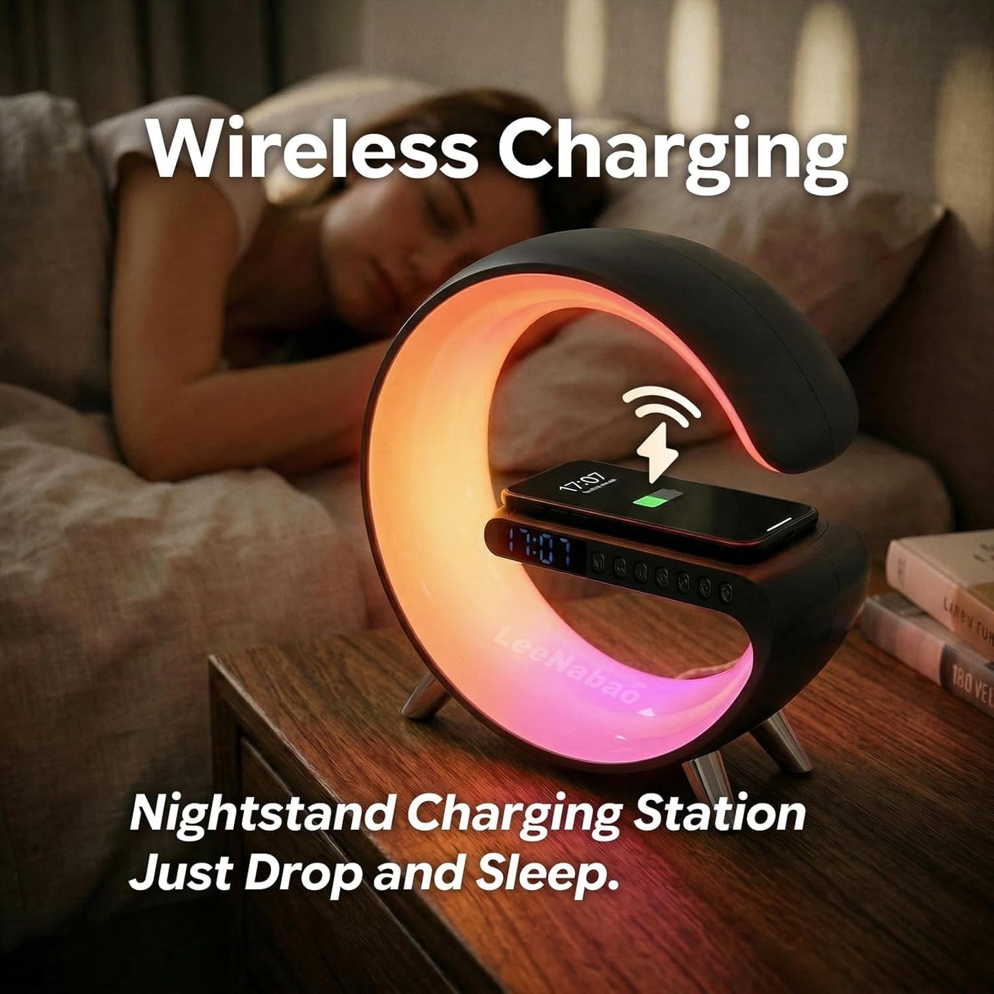 Smart LED Table Lamp,4-in-1 Wireless Charger with Speaker,Night Light, Alarm Clock, and Bluetooth Speaker with App Control, Ideal Gifts for Home, Office, Christmas (Light Black)