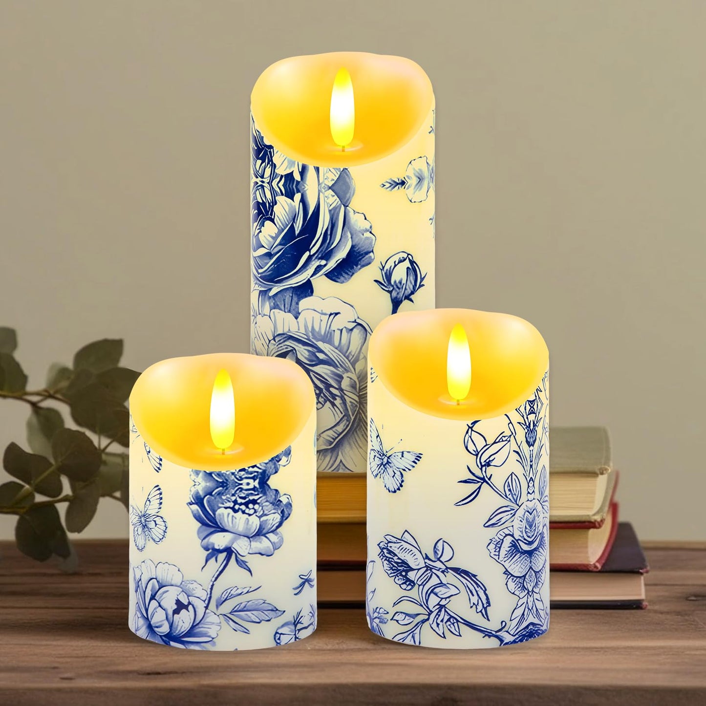 Ouvibor 3 Pcs Blue and White Flameless Candles Wedding Table Centerpiece Chinoiserie Candles Blue White Floral Printed Faux Candles with Remote Timer for Wedding Home Holiday Table Decor