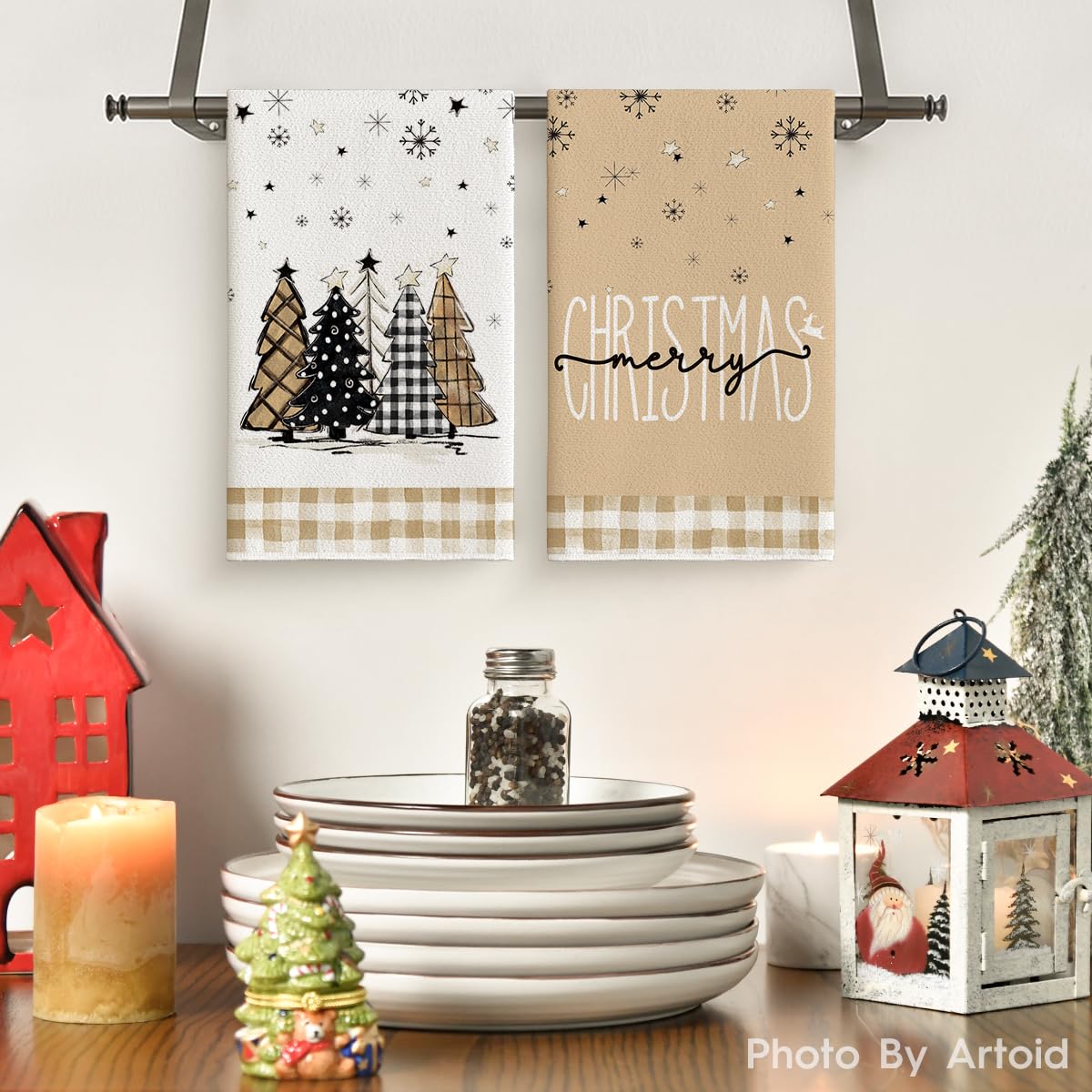 Artoid Mode Brown Buffalo Plaid Snowman Xmas Trees Christmas Kitchen Towels Dish Towels, 18x26 Inch Hello Winter Decoration Hand Towels Set of 4