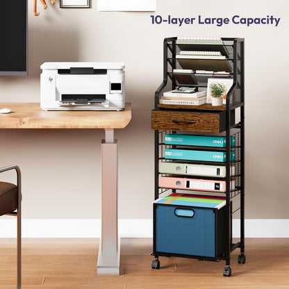 SWTYMIKI 10-Tier Rolling File Cart - Mesh Paper Organizer with Drawer & Hanging File Folders on Lockable Wheels, Rolling File Cabinet for Office Organization, Storage in Home, Studio, School, Espresso