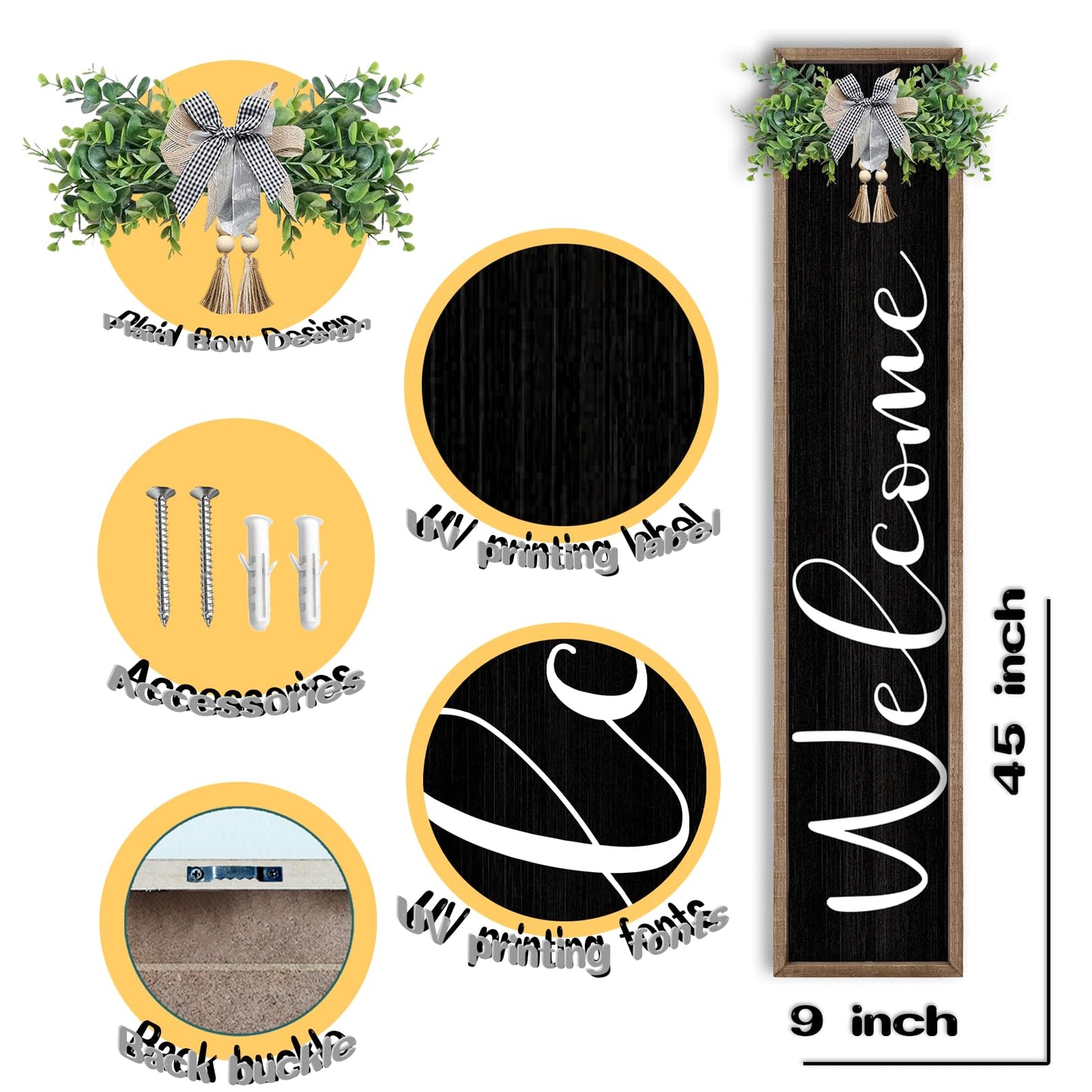 LuZhiQiang Front Porch for Welcome Standing Sign 45"X9" Vertical Tall Long Leaner Wood Framed Outdoor Front Door Sign Decor (Wood Black)