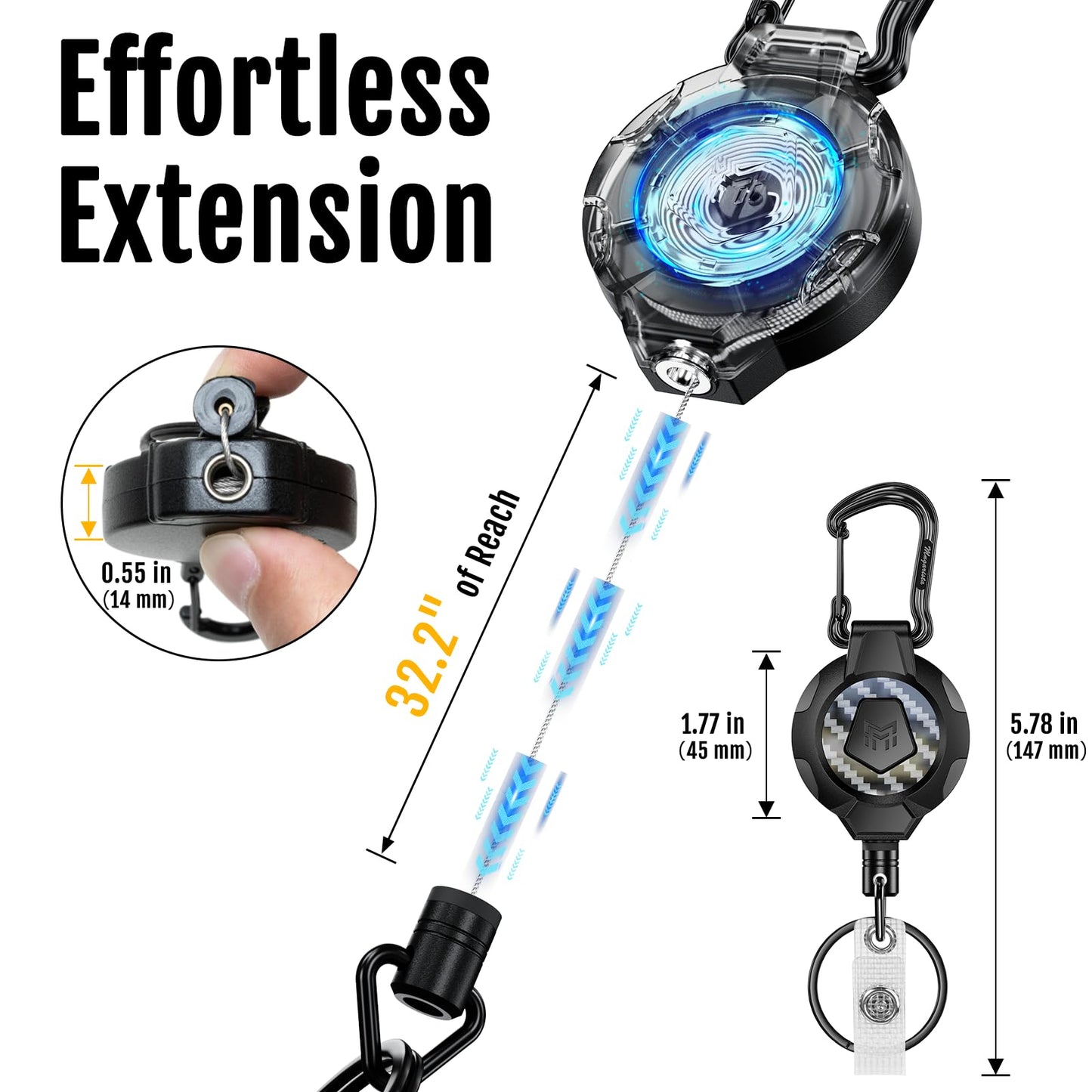 MNGARISTA Heavy Duty Retractable Keychain Lanyard,10 OZ Retraction 31.5" Stainless Steel Cable, 2 Pack Carbon Fiber Badge Reel ID Holder with Tactical Carabiner Clip for Work Officer Security Staff