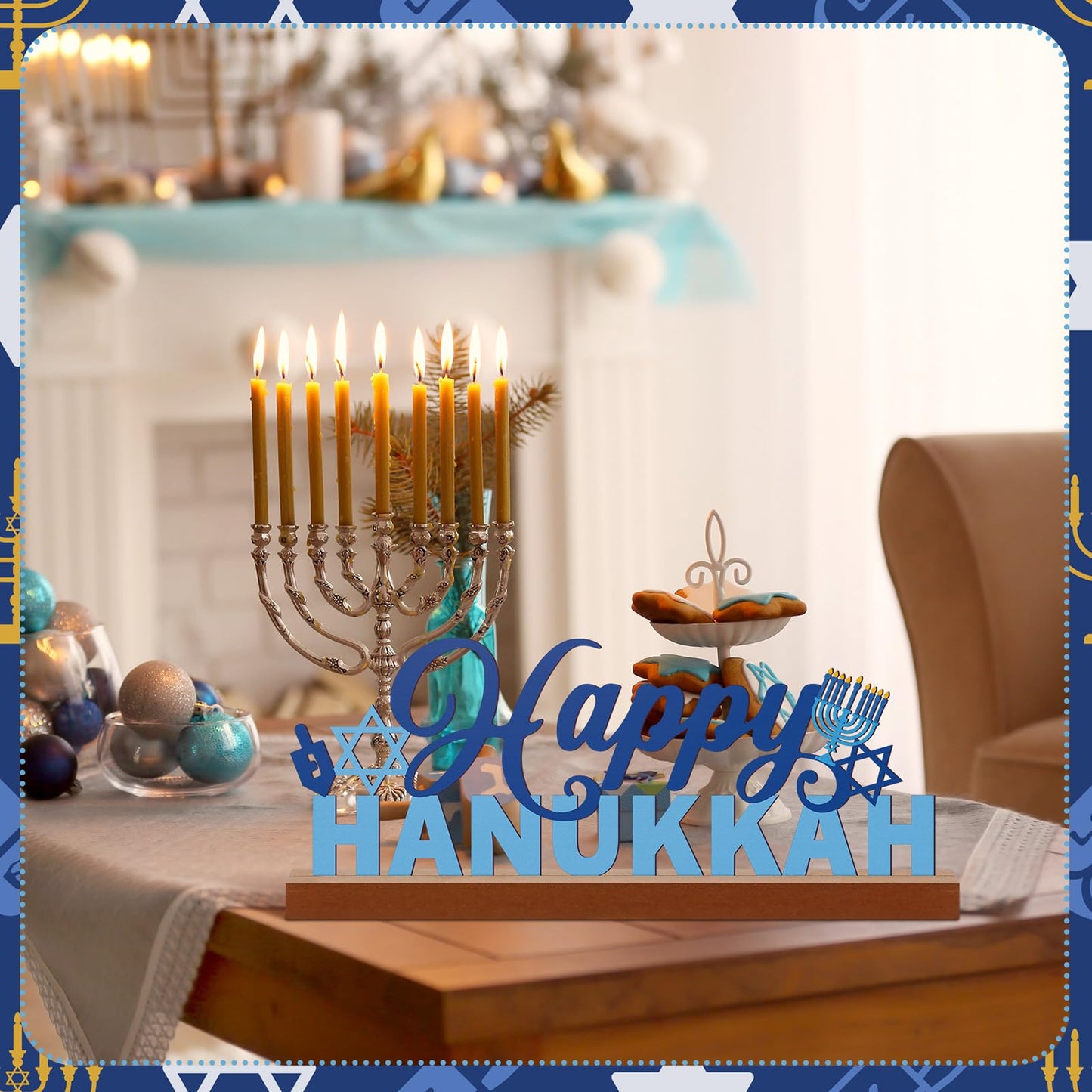 Yaocom 13.78 Inch Happy Hanukkah Table Decoration Happy Hanukkah Metal Letter Sign Star of David Freestanding Tabletop Centerpiece with Wooden Base Cutout Word Sign for Home Mantel Shelf Fireplace