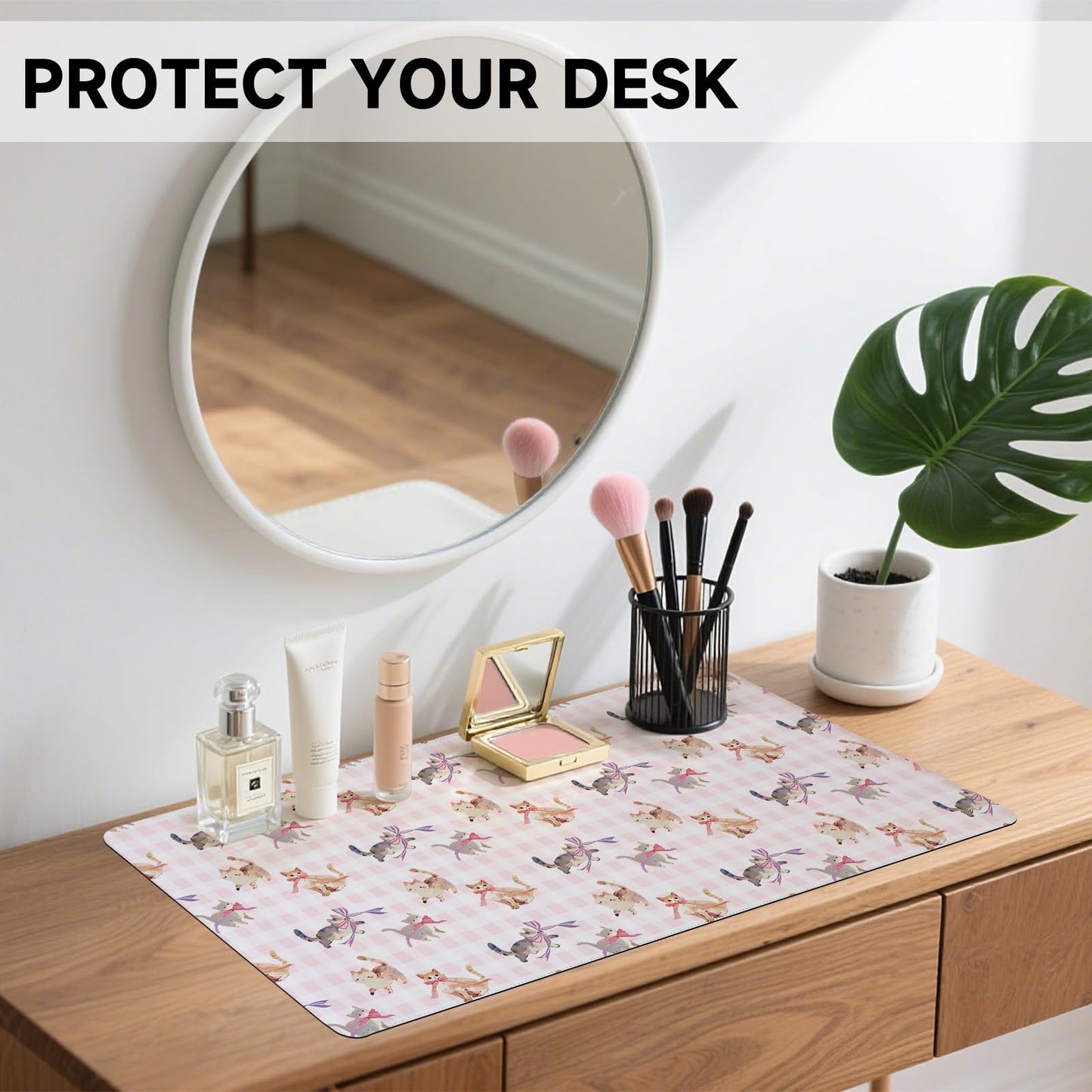 AUPET PU Leather Desk Pad Protector Blotter, Animal 35 x 17in Large Mouse Pad,Cute Office Desk Mat,Waterproof Non-Slip Desk Writing Drawing Pad for Office Home Game (Cats with Bow tie)