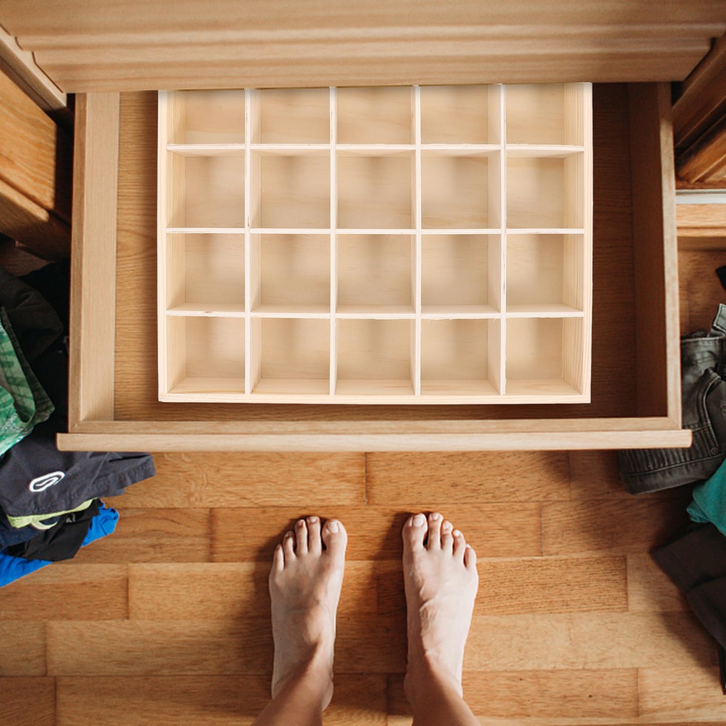 Ciieeo Wooden Drawer Organizer Box 13.38X10.62X1.96In Multi-Compartment Storage Divider for Socks Underwear Keys Home Closet Organization